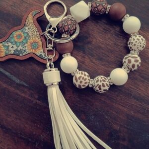Leopard Print Beaded Keychain with Tassel